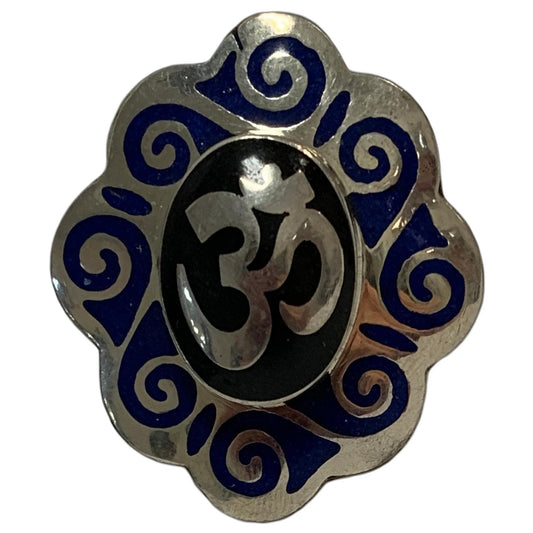 Black & Lapis Enamel Tibetan White Metal Om Ring MINAKARI