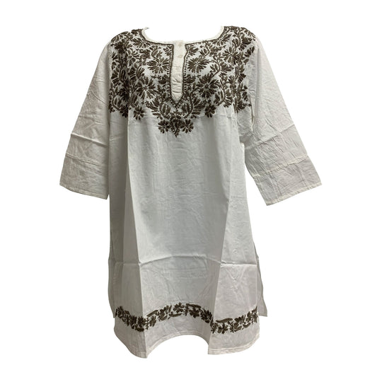 Indian Classic pure Cotton Hand Embroidered Long Sleeve White Tunic Kurti boho Blouse #17