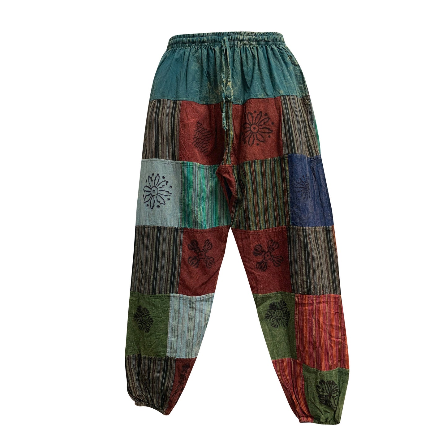 Unisex Boho Bohemian Hippie Festival Rave Yoga Ethnic Print Patchwork Stonewashed Cotton Trouser Pants