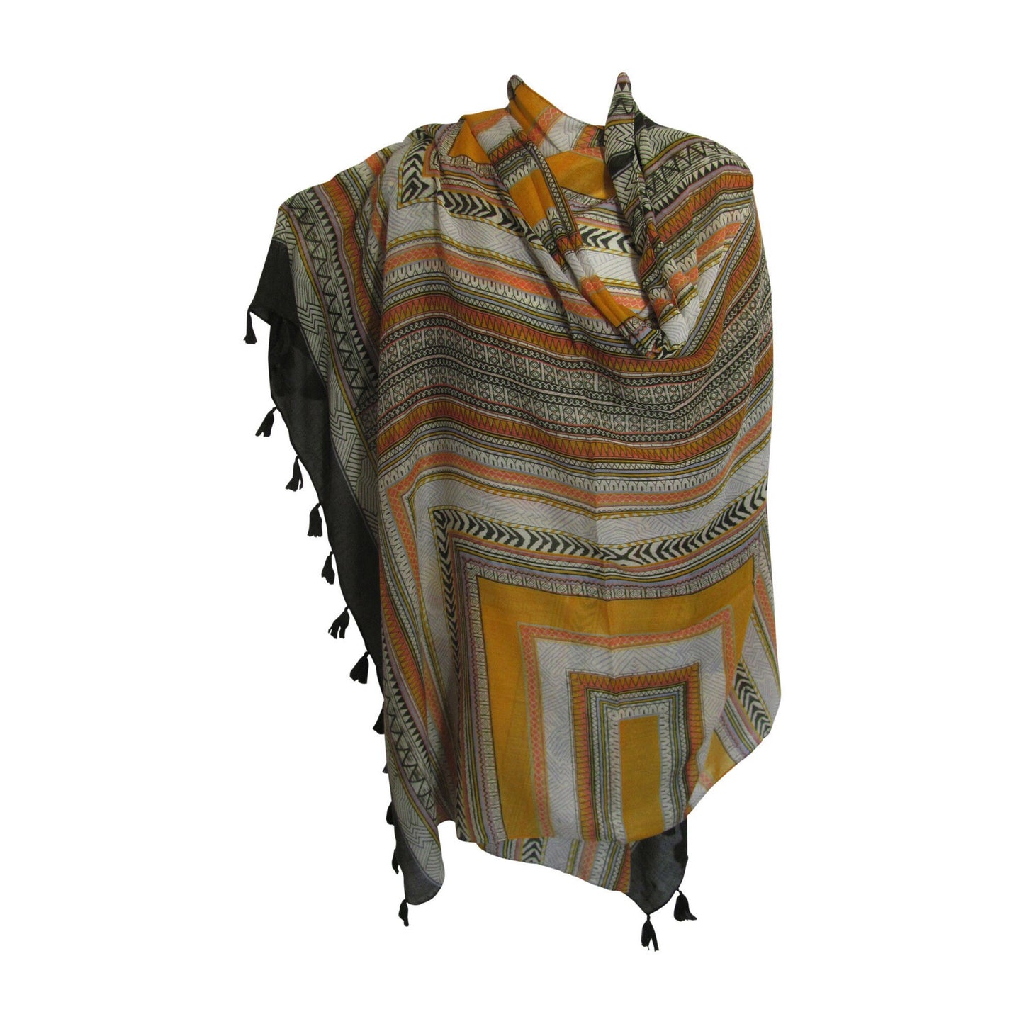 Indian Gold and Green Geometric Tribal Print Tasseled Soft Long Large Scarf Stole JK424