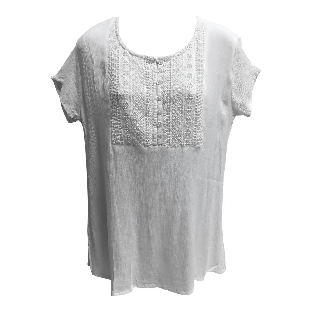 White Crinkled Gauze Lace Vintage Short Sleeve Blouse Top