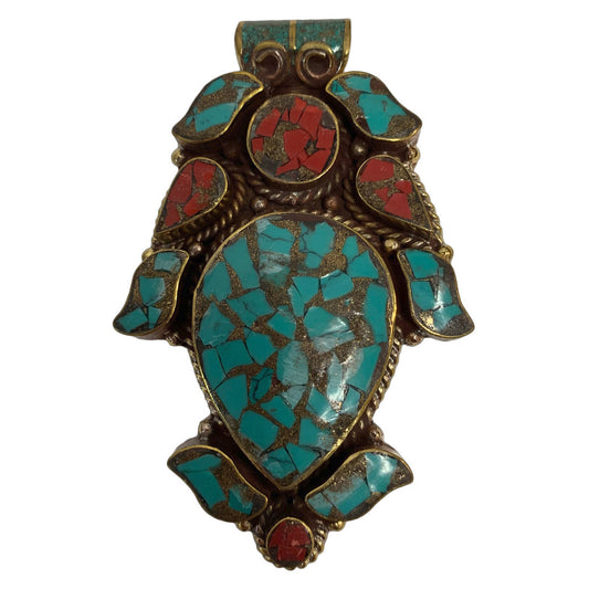 Tibetan Vintage Turquoise & Coral Inlay Large Two-Tone Metal Pendant #2