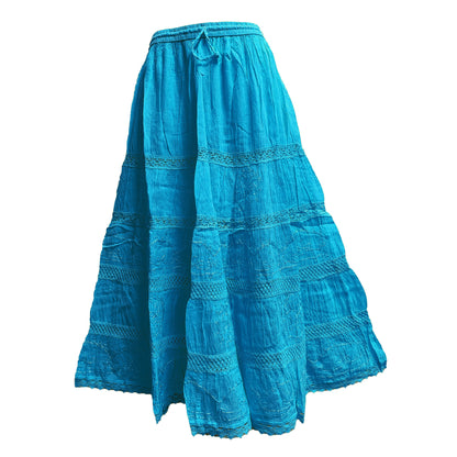 Womens Plus Size Three-Tier Bohemian Gauze Cotton Long Skirt Embroidered Skirt Boho solid color plain Maxi Skirt