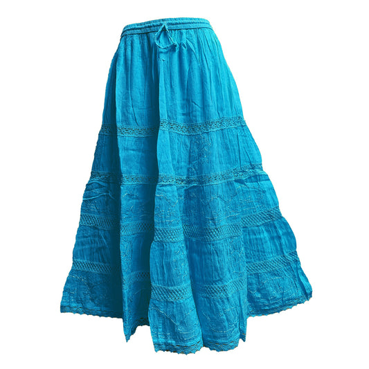 Womens Plus Size Three-Tier Bohemian Gauze Cotton Long Skirt Embroidered Skirt Boho solid color plain Maxi Skirt