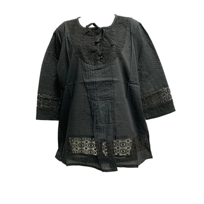 Boho Cotton Embroidered Crochet Lace Style Peasant Solid Black 3/4 Sleeve Peasant Blouse Top