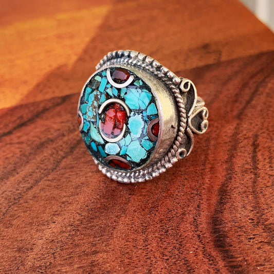 Tibetan Vintage Turquoise & Coral Tribal Handcrafted Ring Size 12