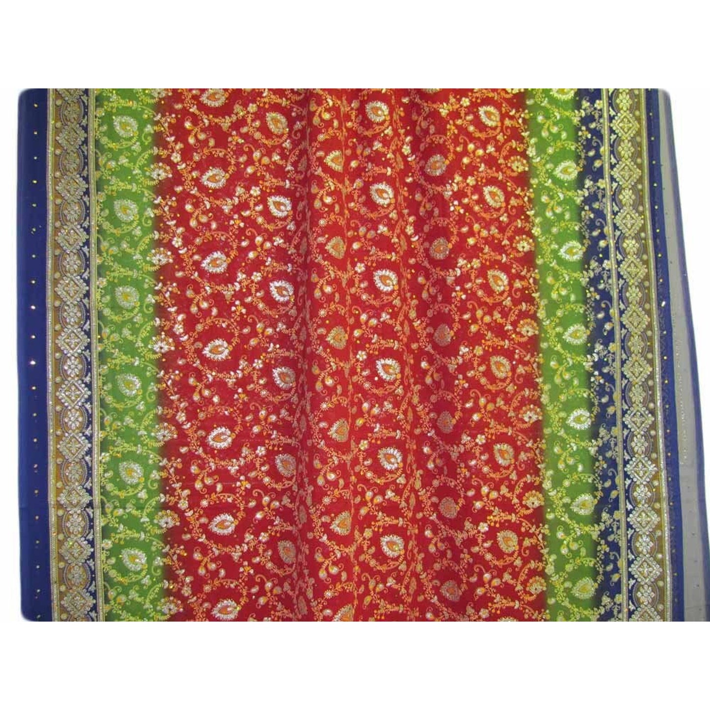 Red/Blue/Green Paisley Gold Foil Shimmering Art Indian Fabric Sari Saree