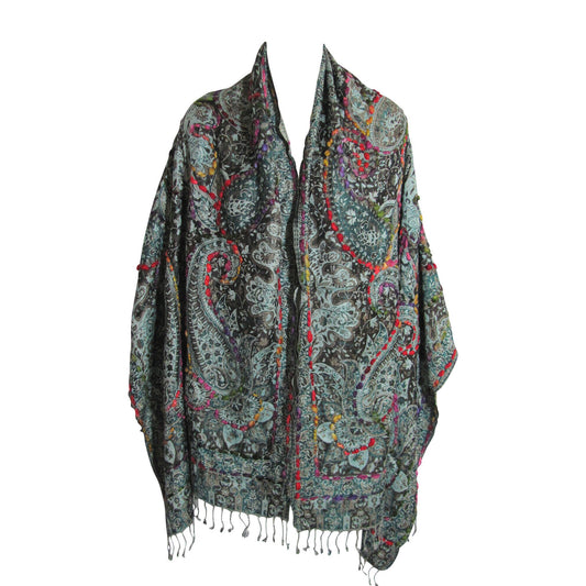 Indian Ethnic Paisley Hand-Embroidered Silky Reversible Pashmina Shawl Stole Scarf SONALI