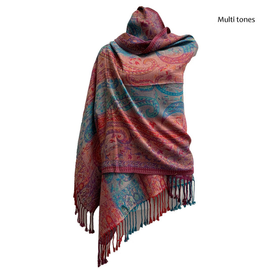 Bohemian Reversible Jacquard Paisley Print Silk Fringed Pashmina Shawl Wrap Scarf