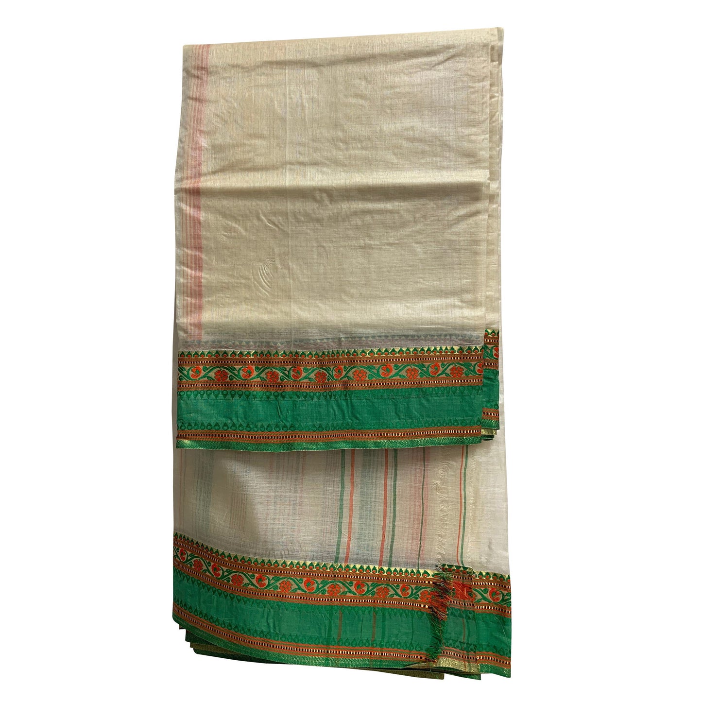 Vintage Hand Woven Cotton Silk With Cream & Green Zari Border 5 1/2yd Fabric Kalamkari Saree Sari