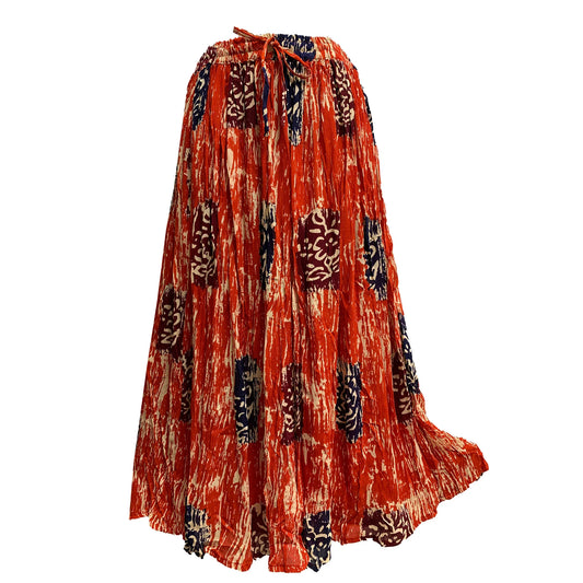 Indian Ethnic Print Gypsy Boho Crinkled Broomstick Long Skirt Coral Red #11