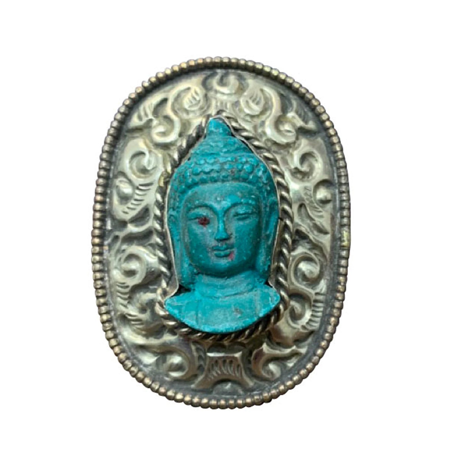 Tibetan Boho Blue Buddha Handmade Large White Metal Statement Ring (Size 11)