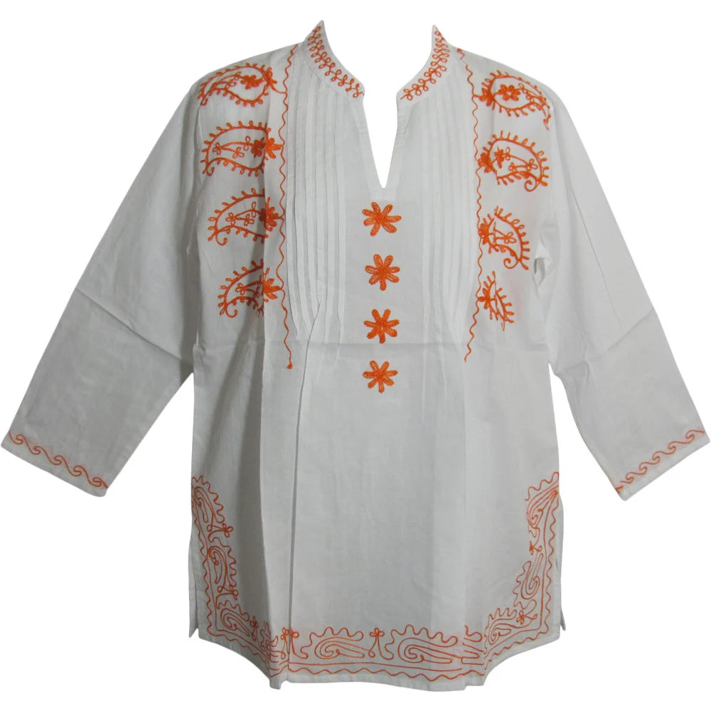 Boho Mandarin Collar White with Orange Paisley Embroidery Cotton Peasant Tunic Blouse