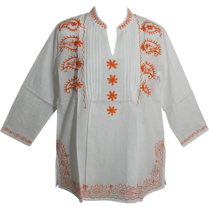 Boho Mandarin Collar White with Orange Paisley Embroidery Cotton Peasant Tunic Blouse