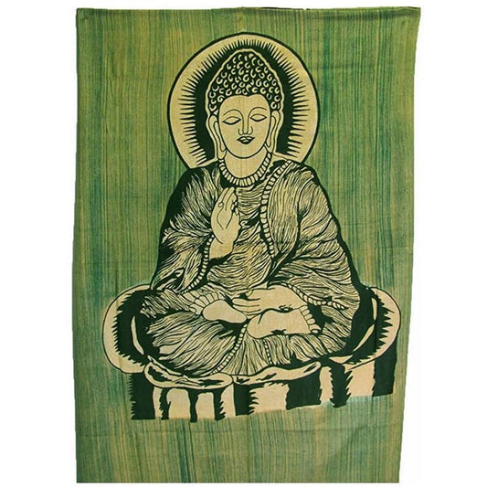 Buddha Meditation Yoga Indian Cotton Handbrush Painted Olive Green and Black Bohemian Bedspread Tapestry Wall Hanging Throw (70" x 104")