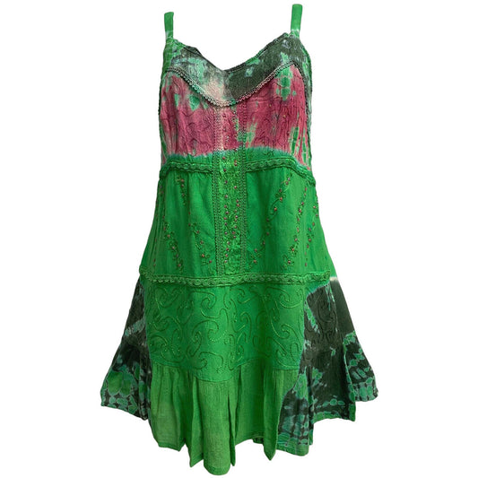 Boho Embroidered Sequin Green & Pink Tie-Dye sleeveless Tunic Blouse