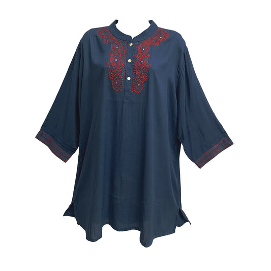 Indian Classic Boho Embroidered Mandarin Collar 3/4 Sleeve Long Tunic Blouse