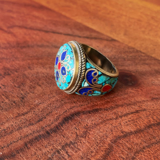 Vintage Tibetan Boho Turquoise, Coral, Lapis Inlay Silver-Tone Ring [Size 8]