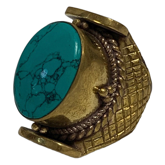 Tibetan Tribal Vintage Turquoise Gold Tone Brass Ring