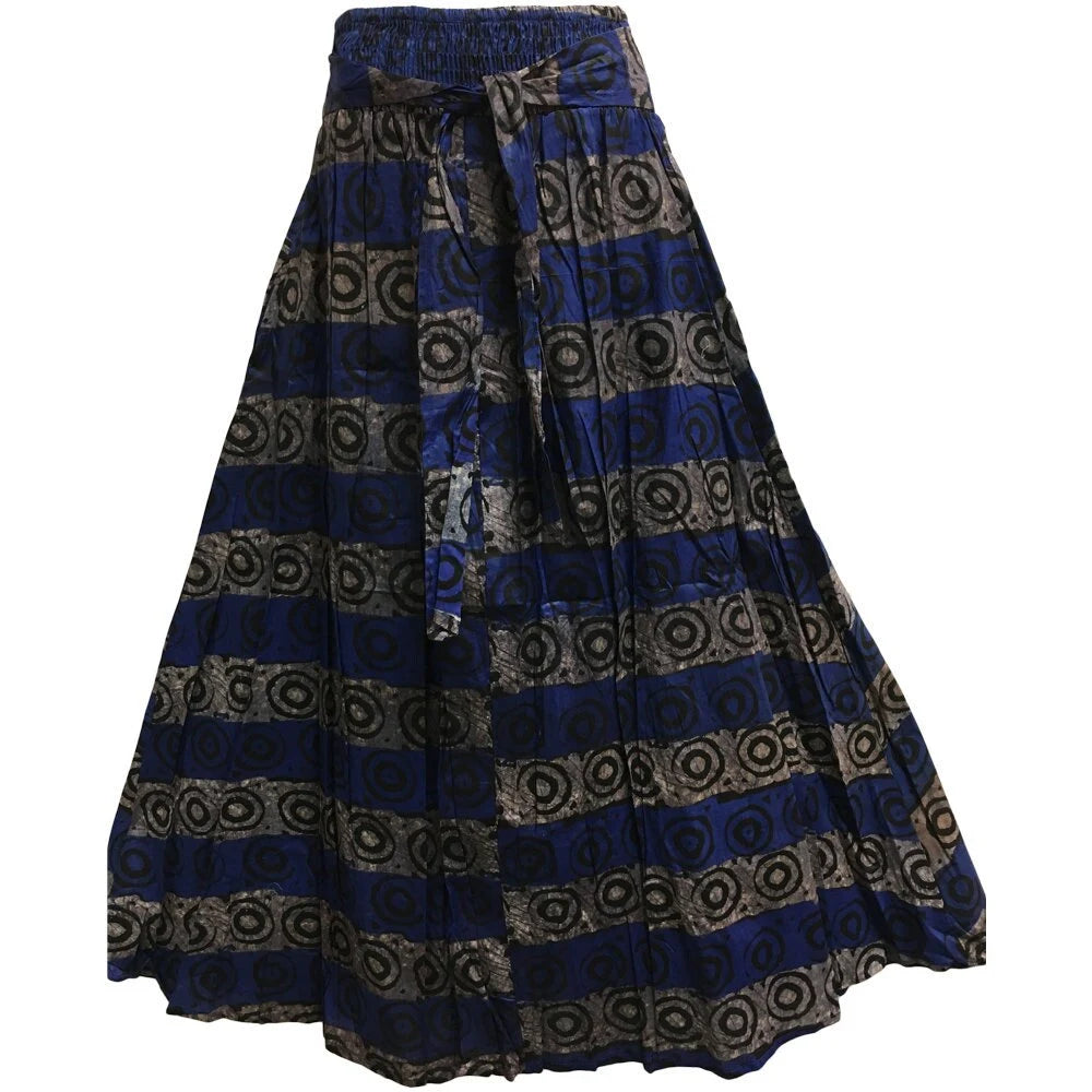 Bohemian African Wax Cotton Blue and Black Batik Ethnic Print Flared Long Maxi Skirt with Pockets #106