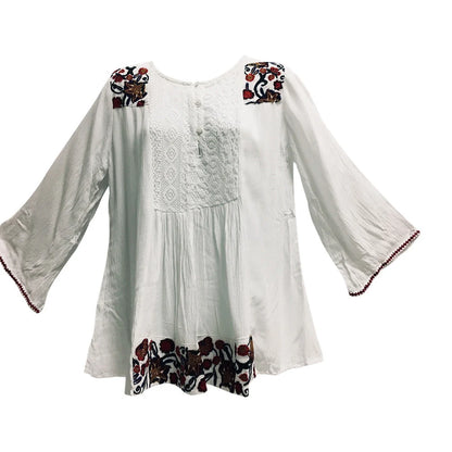 White Crinkled Gauze Seventies Vintage Embroidery 3/4 Sleeve Peasant Lace Boho Blouse Top