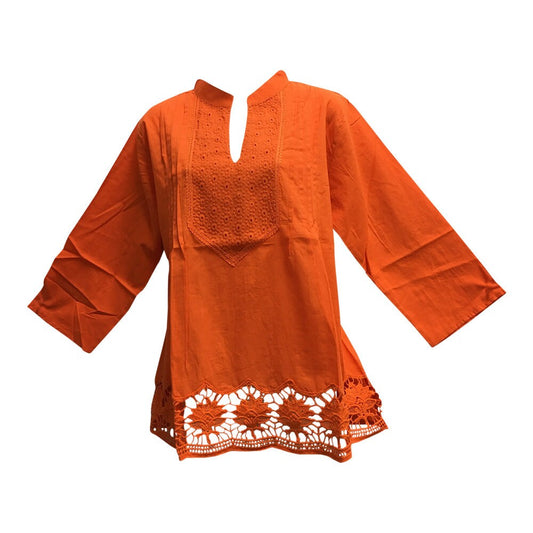 Indian Pure Cotton Lace Cutwork Embroidered Eyelet Long Sleeve Blouse Top LD3