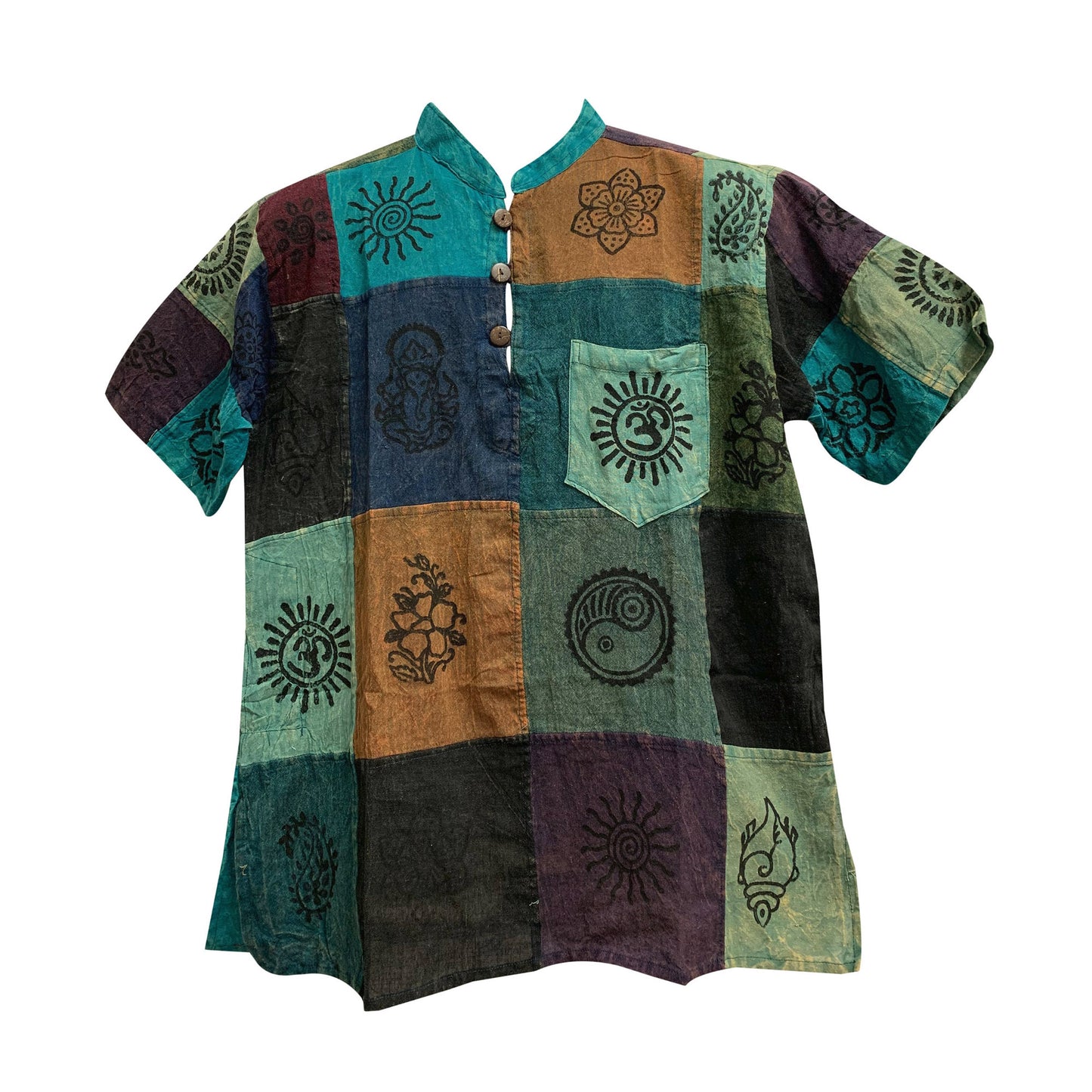 Men's Boho Stonewashed Cotton Ethnic Printed Patchwork Short Sleeve Kurta Shirt with Pockets