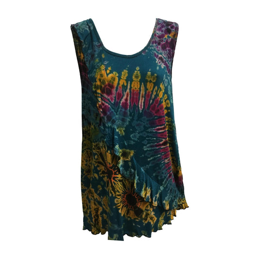 Bohemian Tie-Dye Ruffled Sleeveless Spandex Stretchable Top Cami Tunic Blouse