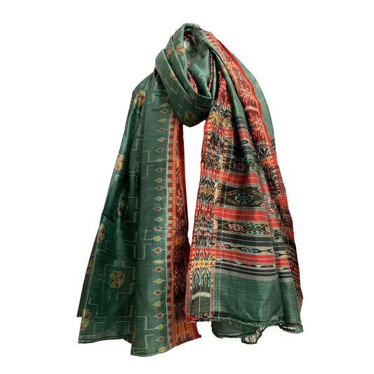 Ethnic India Boho Vintage Silk Ikkat Print Sage Green With Red Borders Shawl Wrap Large Scarf