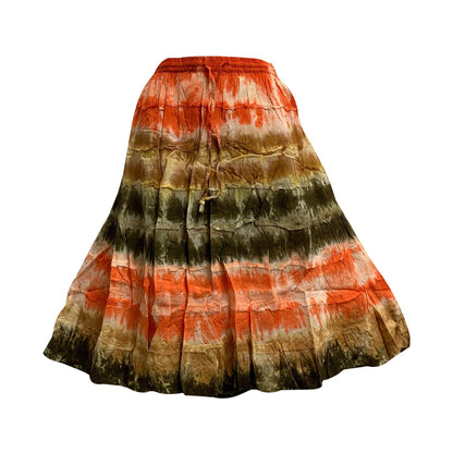 Bohemian Crinkled Gauze Cotton Mid Length Broomstick Skirt Ombre Tie Dye Mini skirt.Knee Length skit.