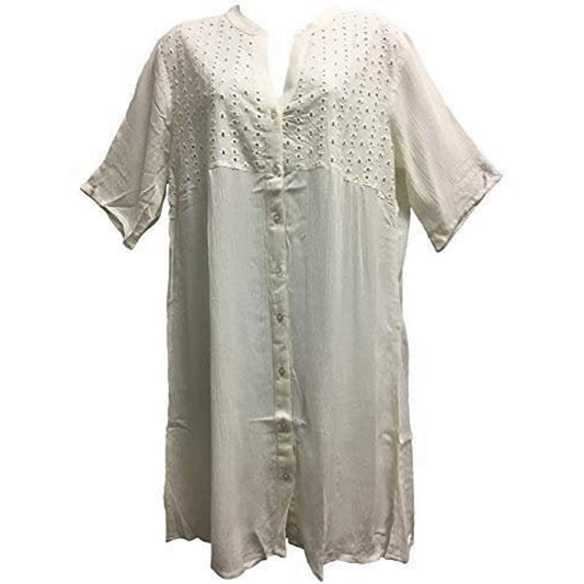 Women's Embroidered Eyelet Button-Down Short Sleeve Long Shirt Tunic Cardigan Dress White