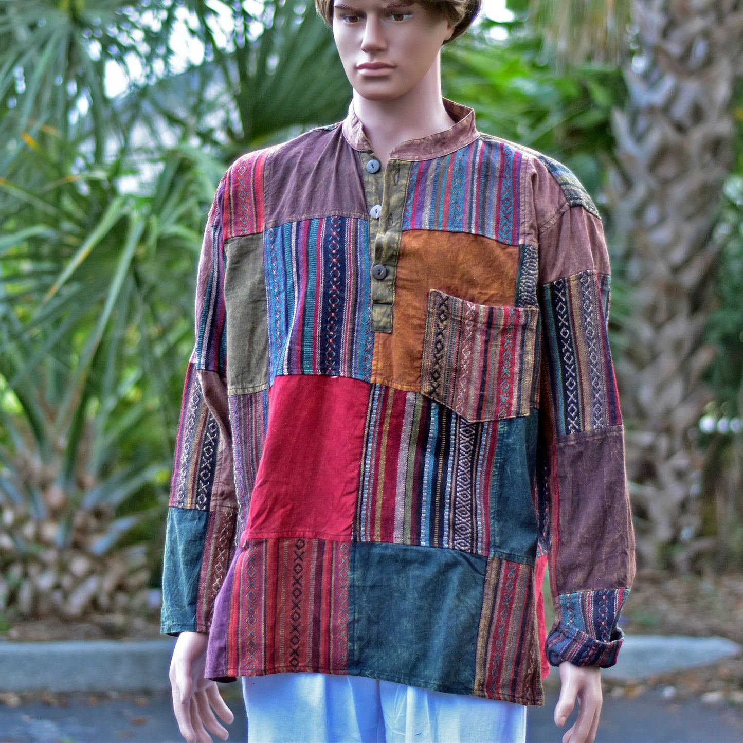 Men's Vintage Indian Heavy Cotton Boho Long Sleeve Hand made Patchwork Shirt