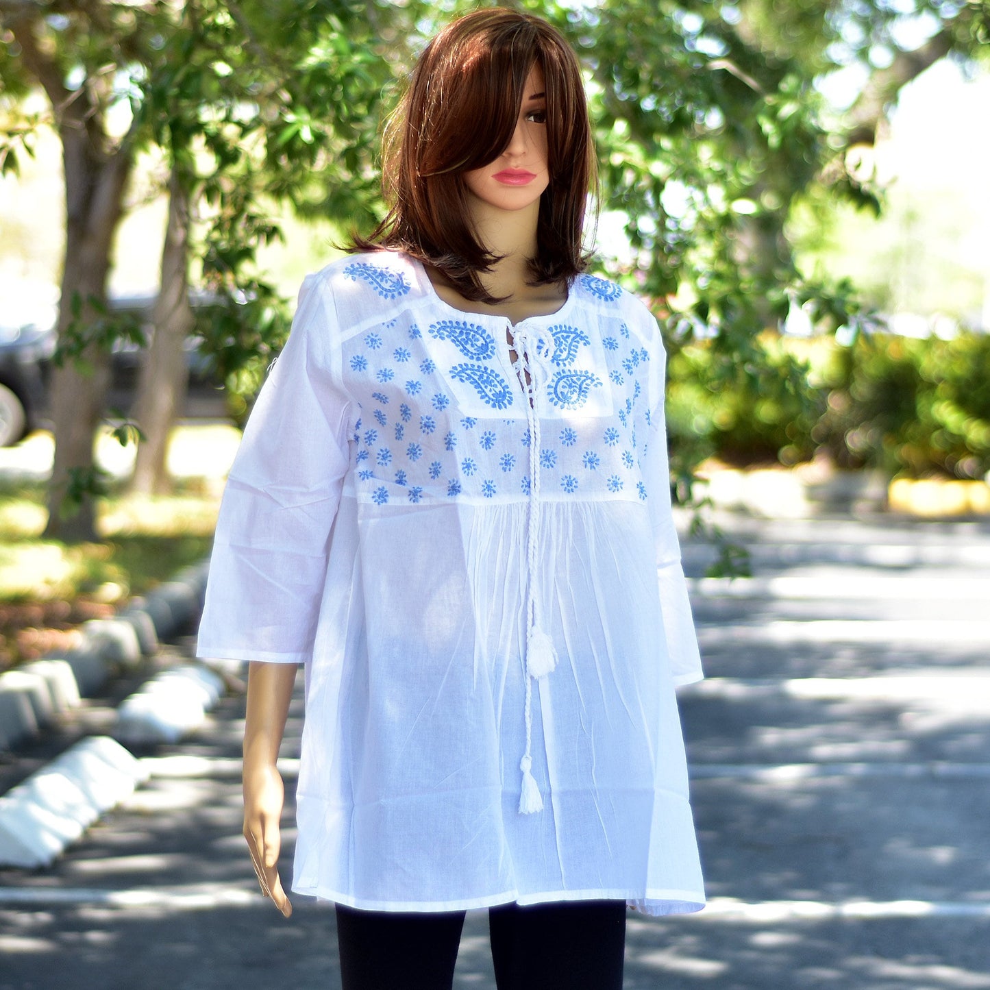 White Hand Embroidered Indian Cotton Peasant 3/4 Sleeve Blouse Tunic Top Boho white blouse