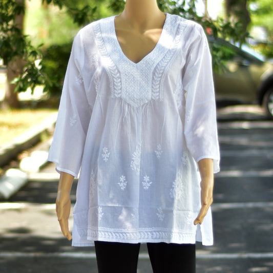 Hand Embroidered Ethnic India Pure White Cotton 3/4" Sleeve V-Neck Boho 70s Tunic Blouse