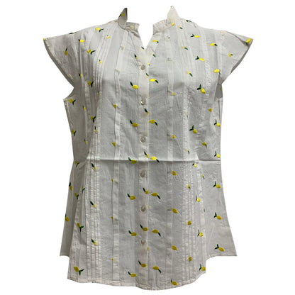 White Green Yellow Leaf Pattern Gauze Cotton Buttoned Up Short Sleeve Blouse Top