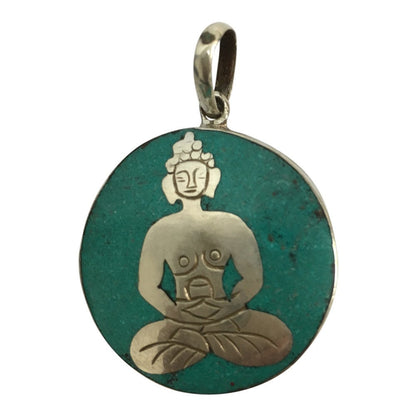 Vintage Tribal Tibetan Buddha w/ Turquoise Inlay White Metal Pendant