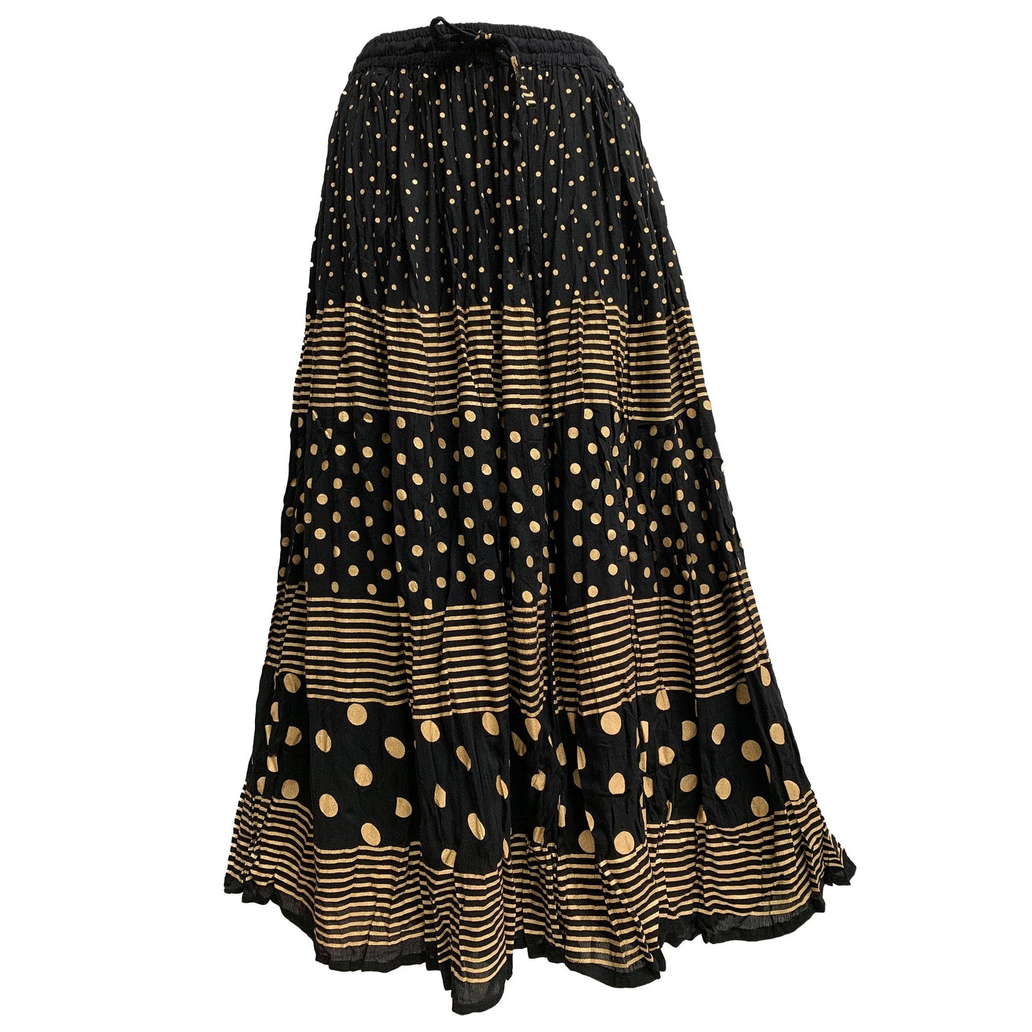 Indian Crinkled Broomstick Belly Dance Long Skirt Black Gold Polka Dot #55