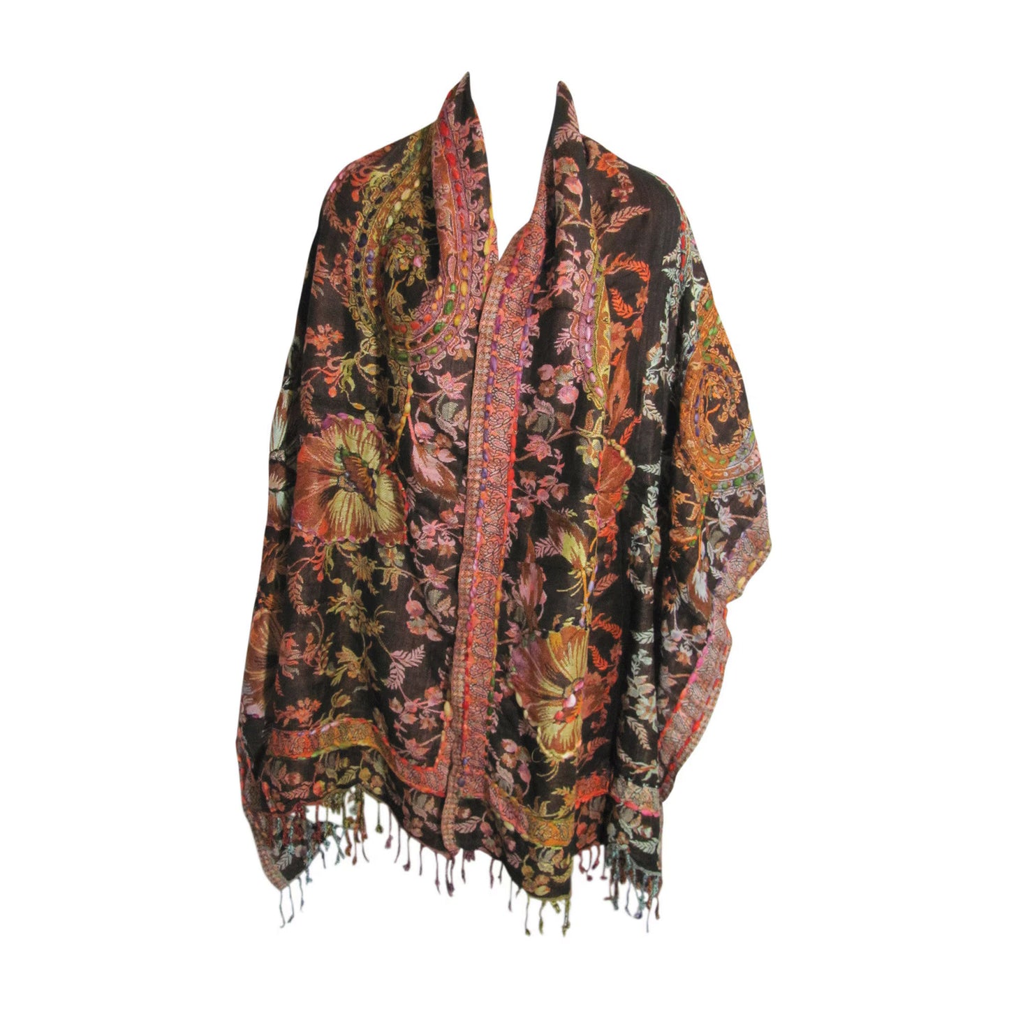 Indian Ethnic Paisley Hand-Embroidered Silky Reversible Pashmina Shawl Stole Scarf SONALI