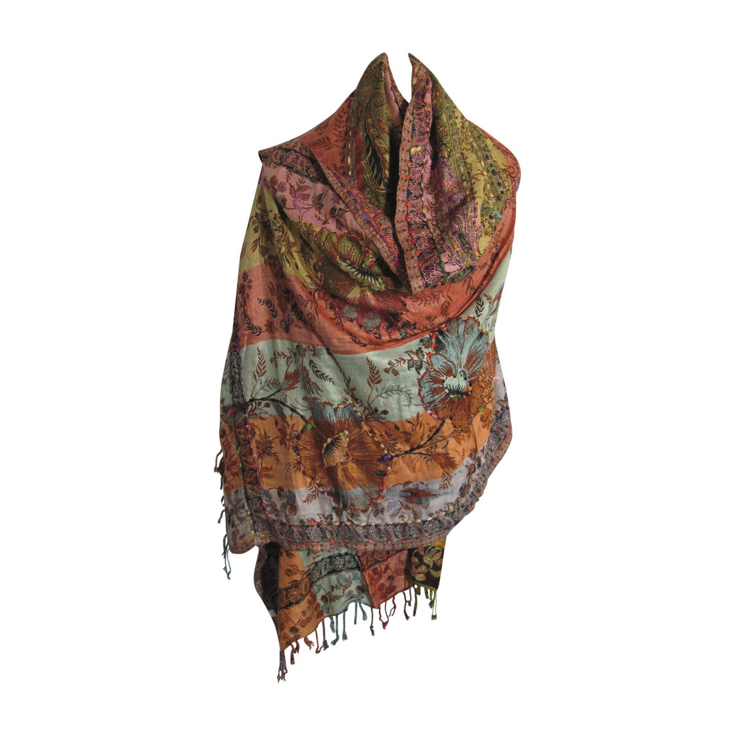 Indian Ethnic Paisley Hand-Embroidered Silky Reversible Pashmina Shawl Stole Scarf SONALI