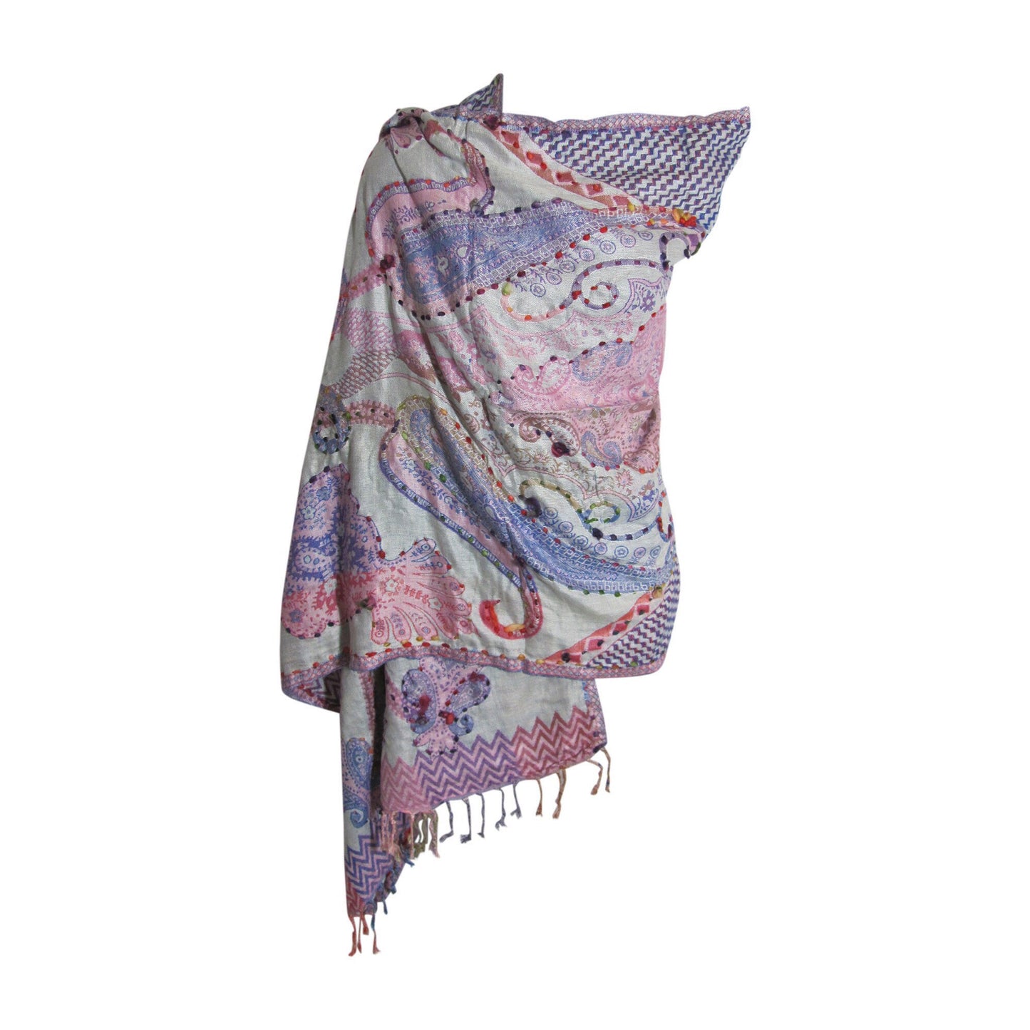 Indian Ethnic Paisley Hand-Embroidered Silky Reversible Pashmina Shawl Stole Scarf SONALI