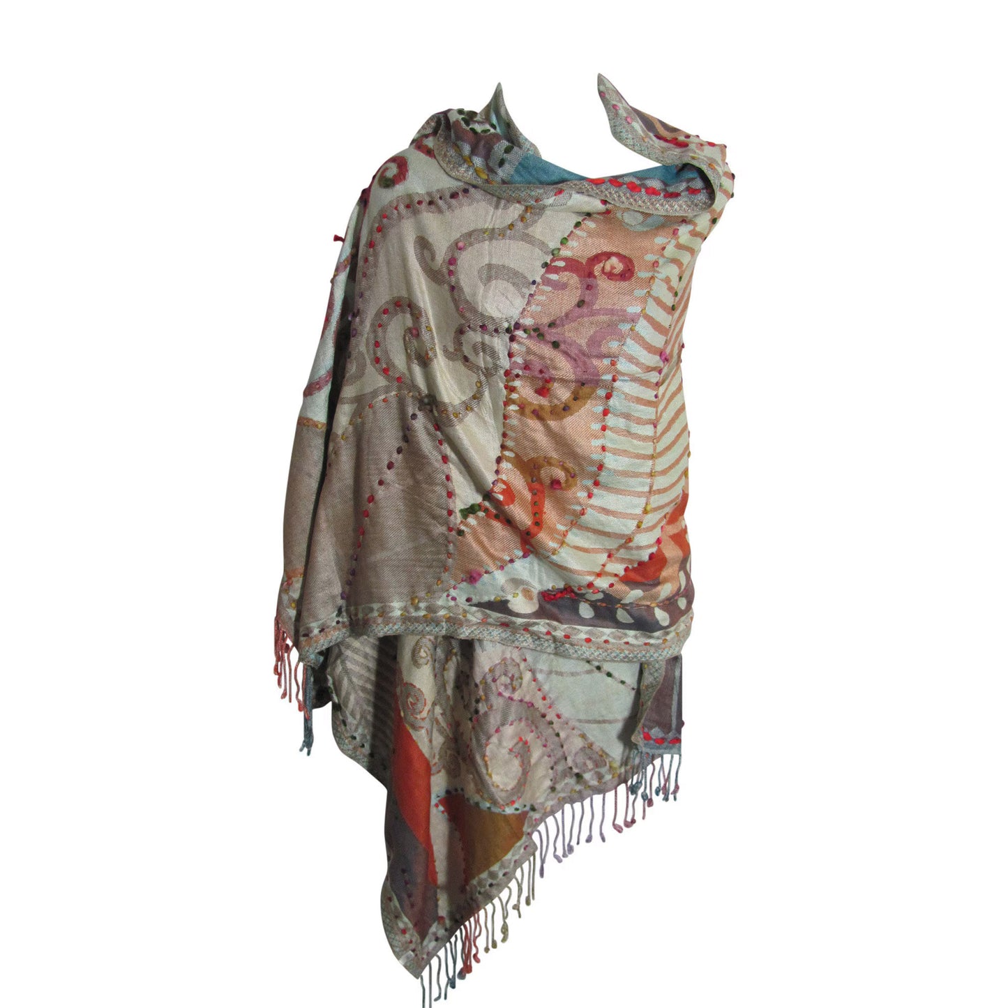 Indian Ethnic Paisley Hand-Embroidered Silky Reversible Pashmina Shawl Stole Scarf SONALI