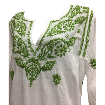 Indian White Hand Embroidered Split V-Neck Long Sleeve Tunic Kurti