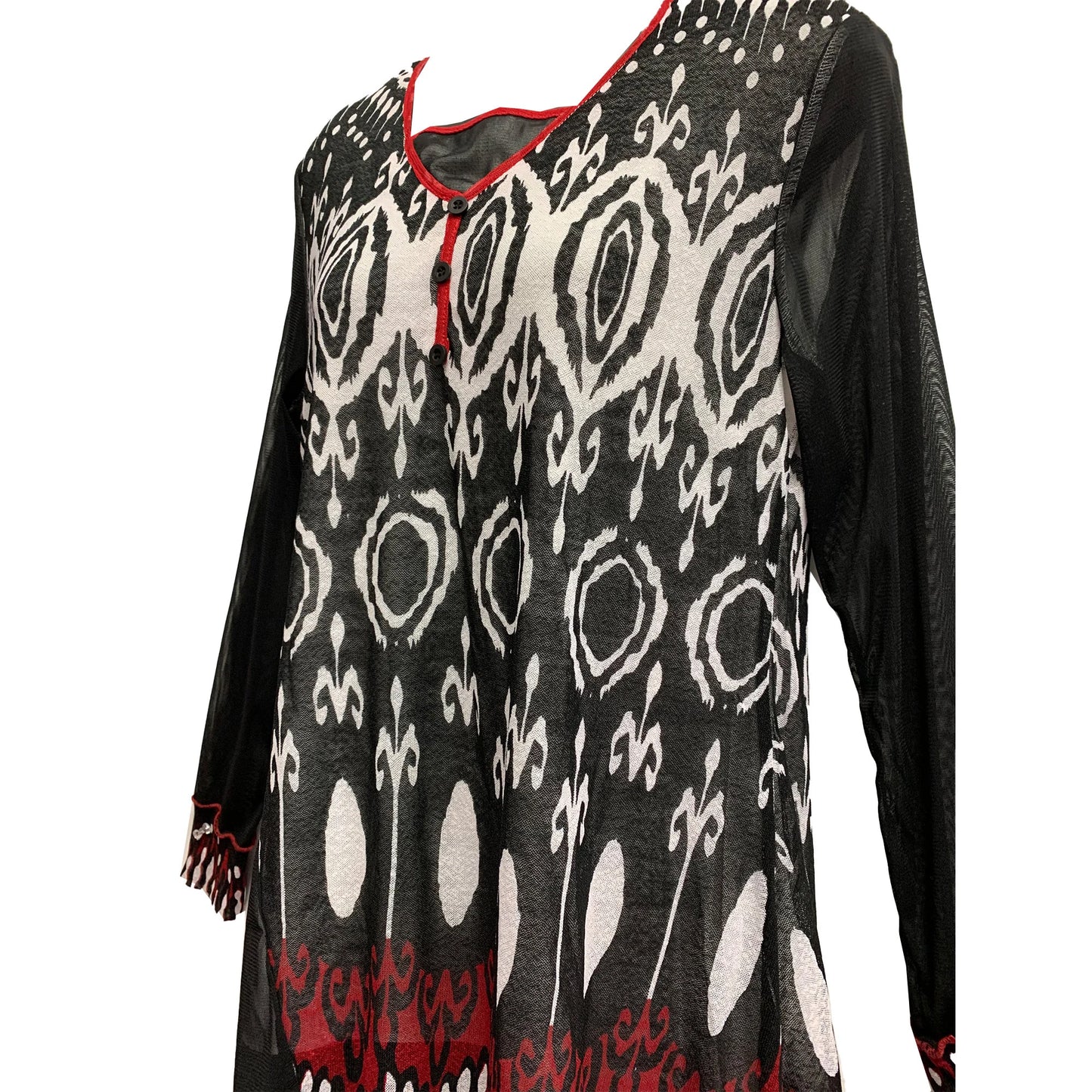 Womens Bohemian Geometric Print Long Sleeve Sharkbite Hem Black White and Red Long Tunic Blouse