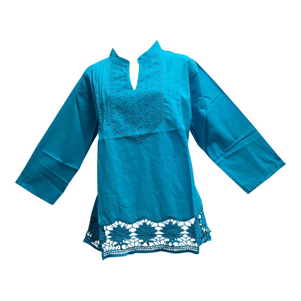 Indian Pure Cotton Lace Cutwork Embroidered Eyelet Long Sleeve Blouse Top LD3