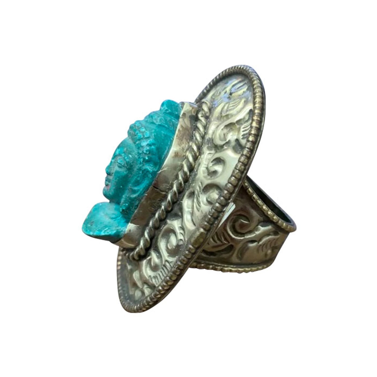 Tibetan Boho Blue Buddha Handmade Large White Metal Statement Ring (Size 11)