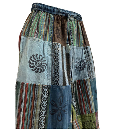 Unisex Boho Bohemian Hippie Festival Yoga Ethnic Print Patchwork Stonewashed Heavy Cotton Trouser Pants