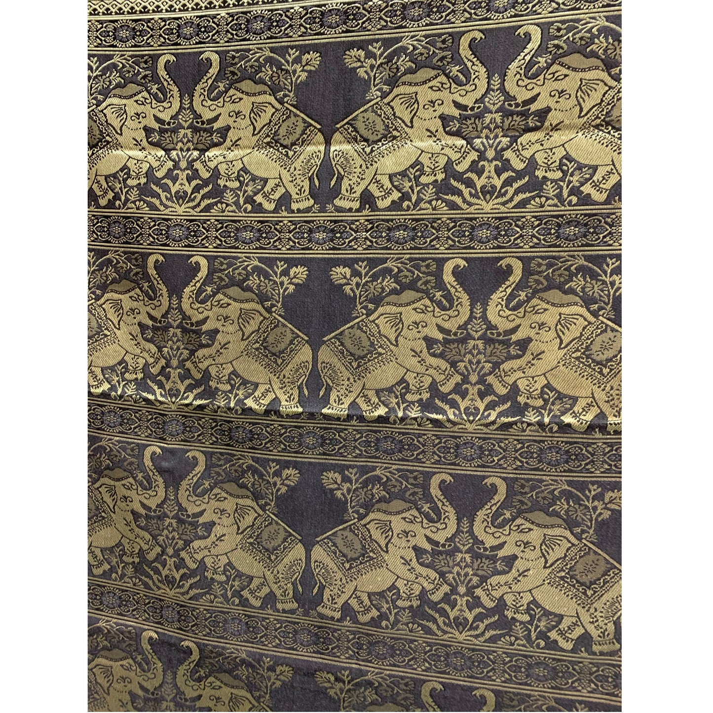 Indian Home Fashion Black and Gold Elephant Brocade Fringed Tapestry Throw Runner