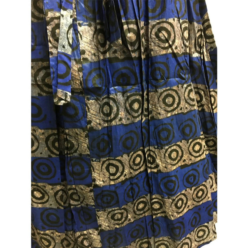 Bohemian African Wax Cotton Blue and Black Batik Ethnic Print Flared Long Maxi Skirt with Pockets #106