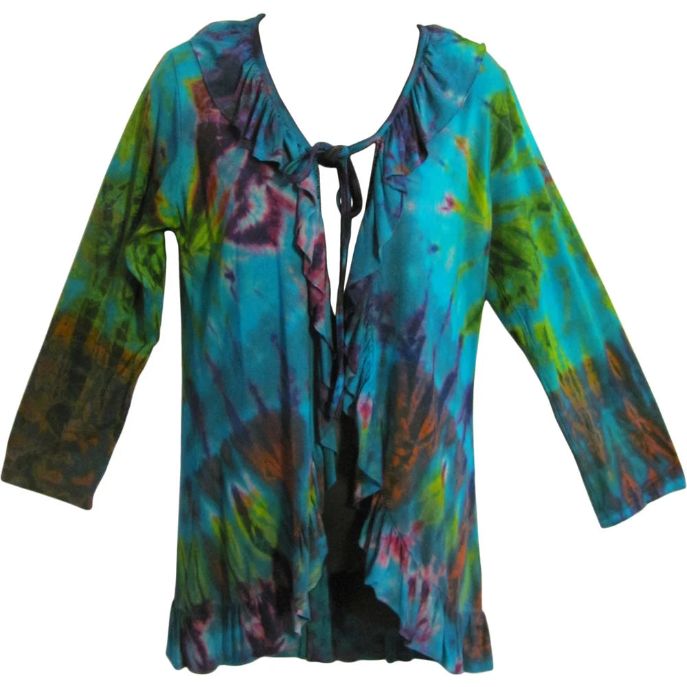 Women's Hippie Gypsy Spandex Tie-Dye Fashion Ruffle Cardigan Jacket