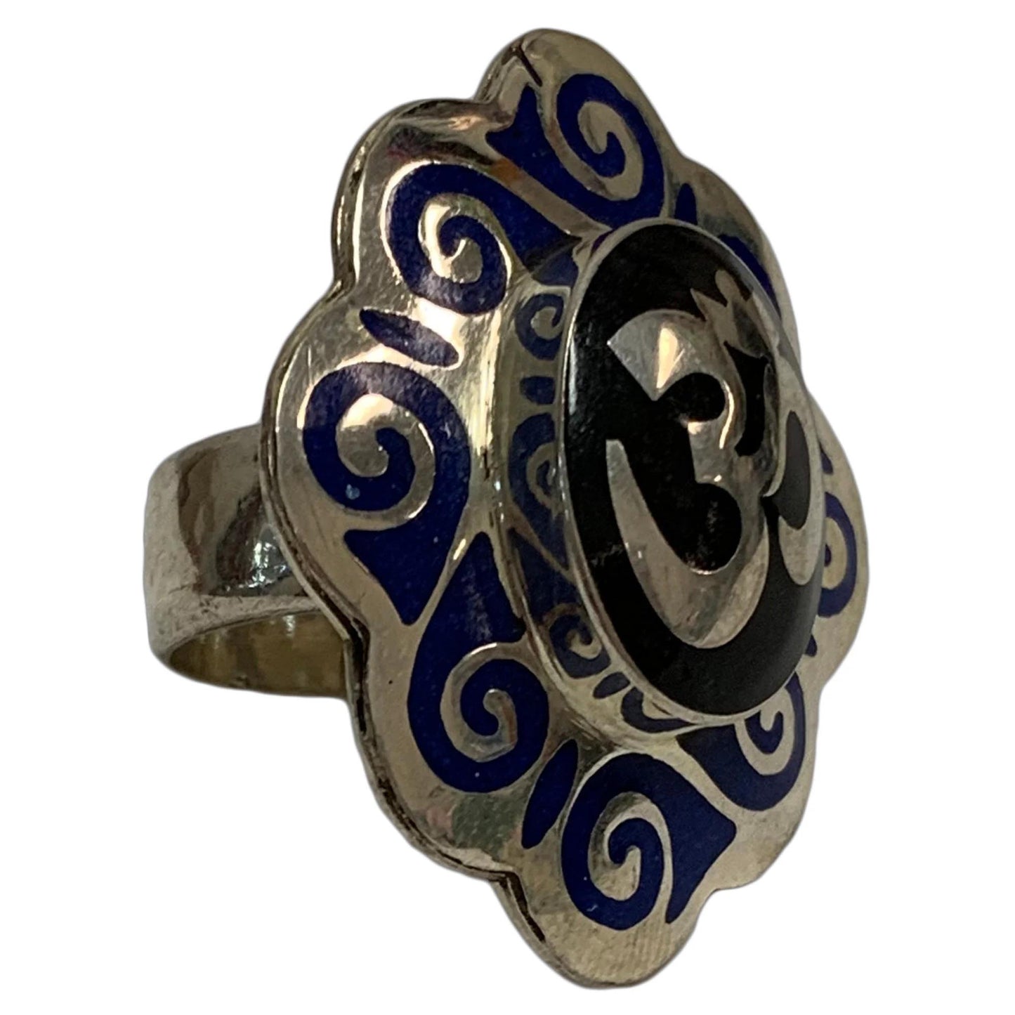 Black & Lapis Enamel Tibetan White Metal Om Ring MINAKARI